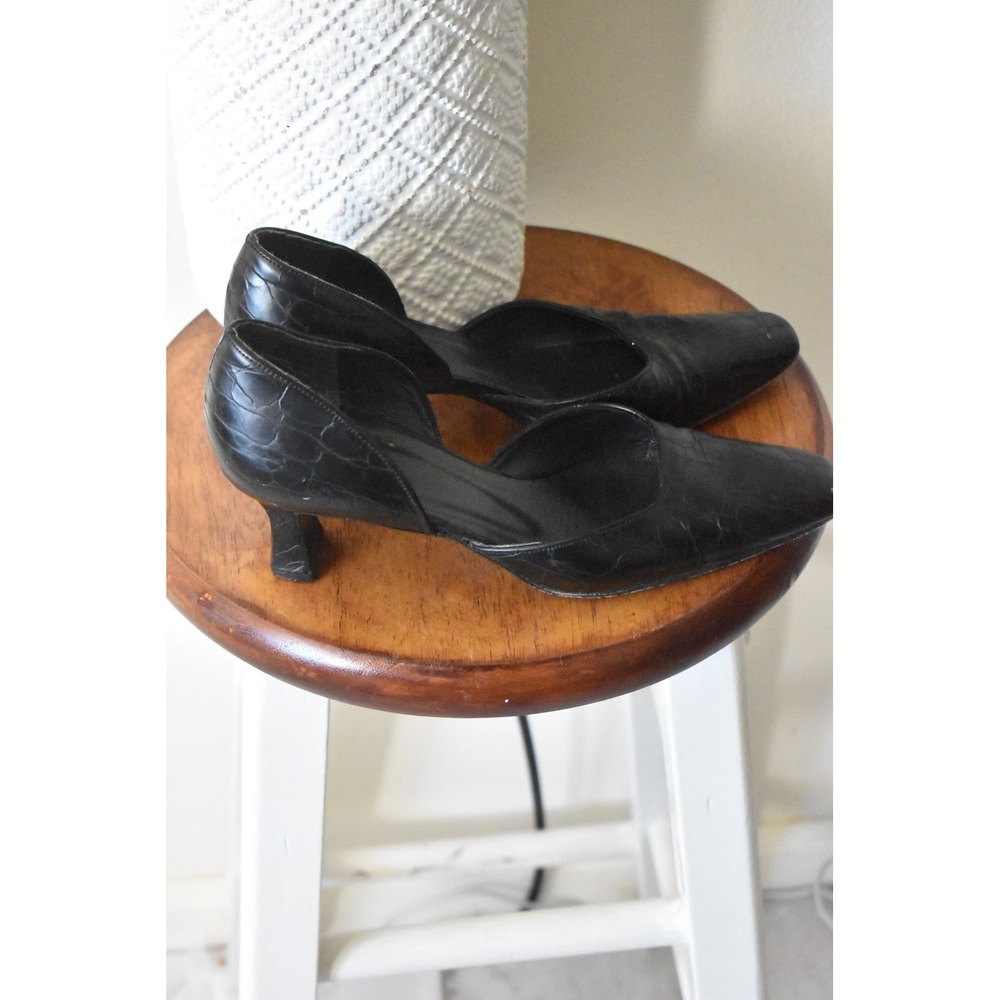 Stuart Weitzman Pumps Womens 6.5 Black Vintage Croc Embossed D'Orsay Square Toe - Picture 5 of 8
